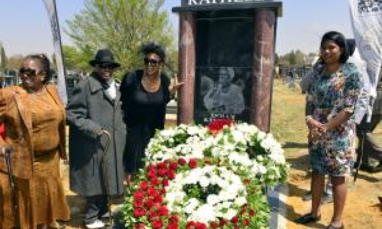 Mara Louw, Thandi Klaasen, Abigail Kubeka and Taynita Harilal at Rathebe's grave. Photo: Boxer Ngwenya / www.iol.co.za
