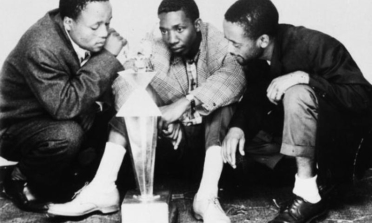 The Malombo Jazzmen - Abbey Cindi, Philip Tabane and Julian Bahula - after the 1964 Castle Lager Jazz Fest. Photo: Ernest Cole