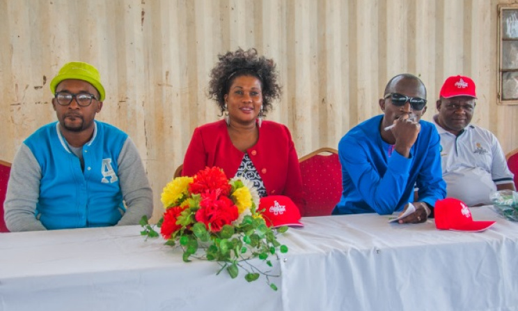 Daxon Banda of Ma Africa, SOS Village headmistress Zangi Benas Phiri, rapper Macky 2 and Allan Bwalya from Zambian Breweries.