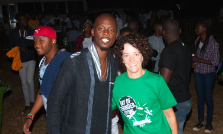 Zambian Breweries' Annabelle Degroot backstage with Pompi at the Day of Thunder. Photo: supplied