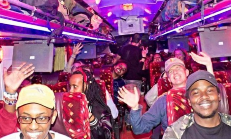 Bus trip to Nyege Nyege Festival in Uganda, 2016. The festival was awarded the travel grant. Photo: Mama Rocks