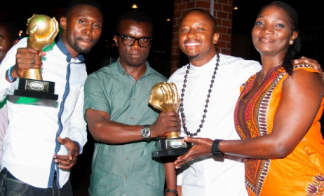 Zambian artists BFlow, Njoya Tee, Abel Chungu and Maureen Lilanda celebrate the launch of the 2016 Zambian Music Awards.