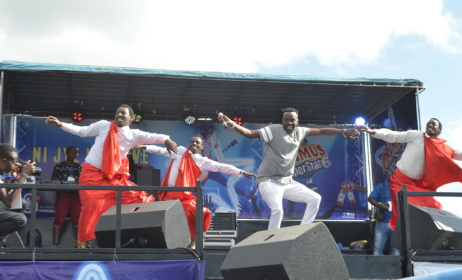 Jules Sentore and his troupe perform at the PGSS outreach in Gicumbi. Photo:www.newtimes.co.rw