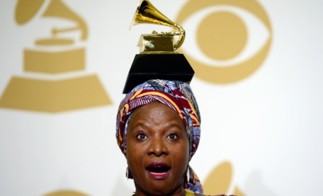 Angelique Kidjo poses with one of her Grammy awards. Photo: Grammys.