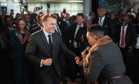 French President Emmanuel Macron briefly joined Nomcebo Zikode on stage.