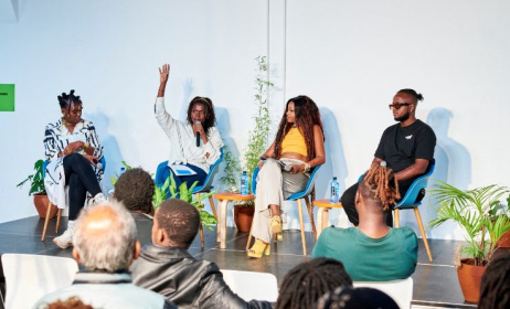 Panelists Anyiko Owoko (moderator), Coco Em, Njerae and Schwaz Isaboke. Photo: Humphrey Gateri/Goethe-Institut